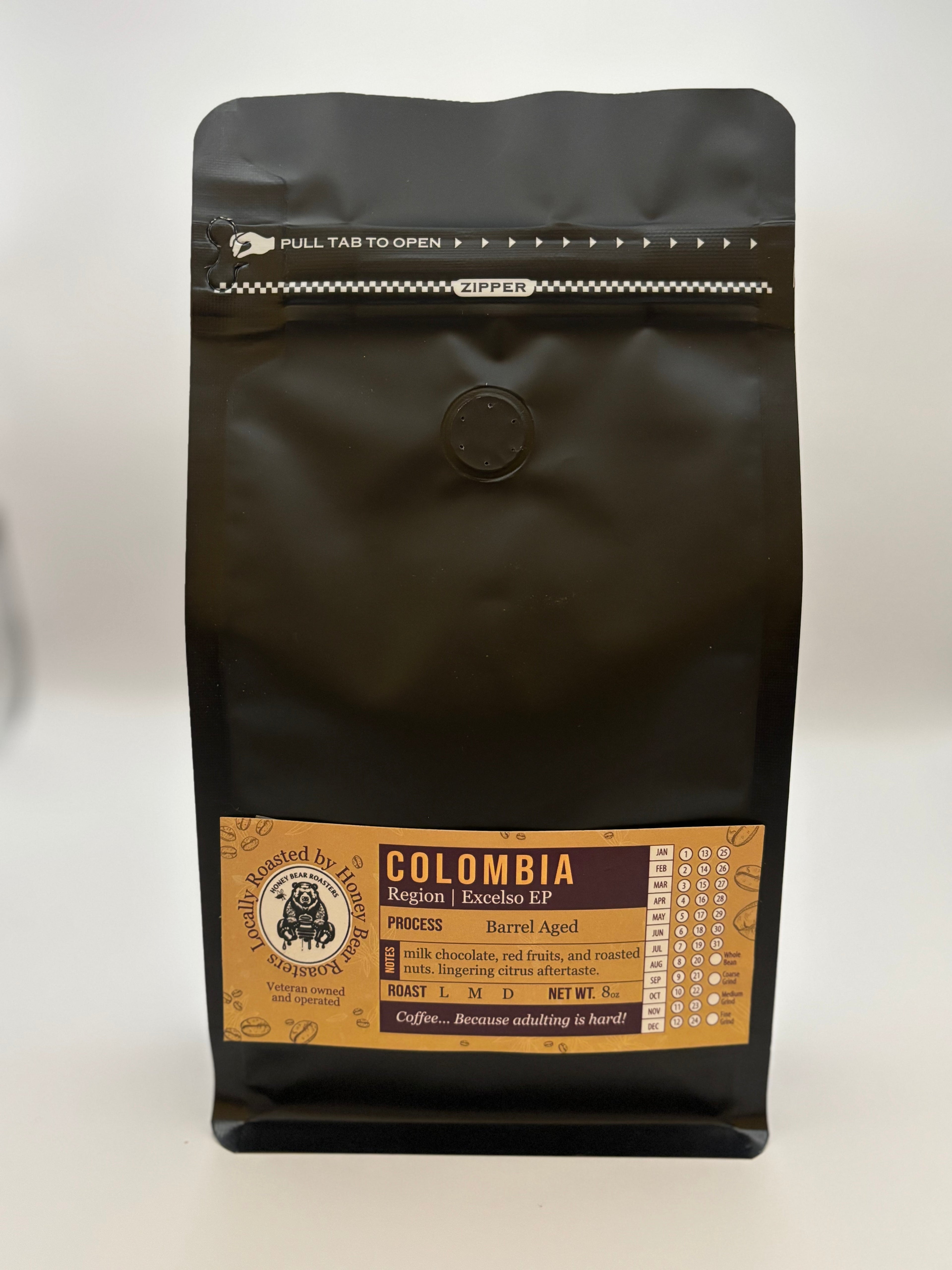 Colombia whiskey barrel aged coffee 8 oz bags