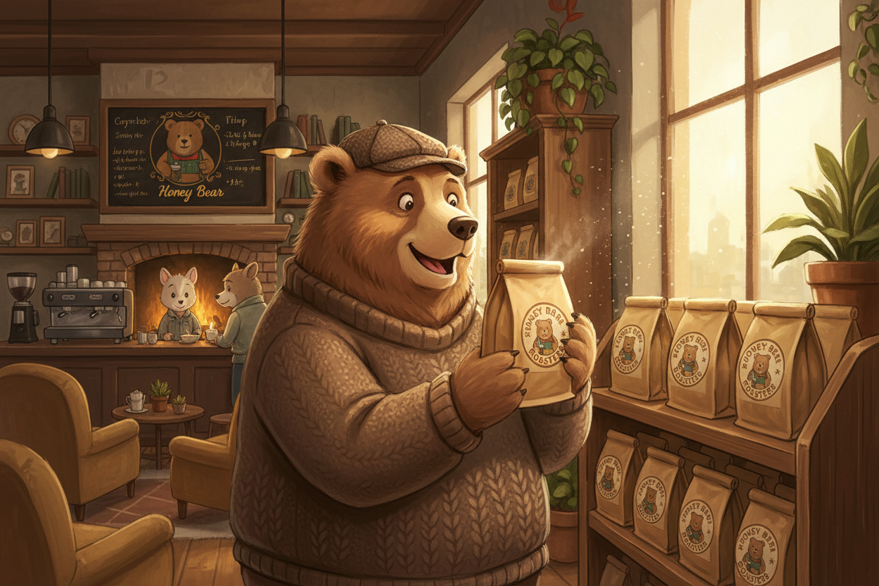 Bear shopping for Honey Bear Roasters coffee
